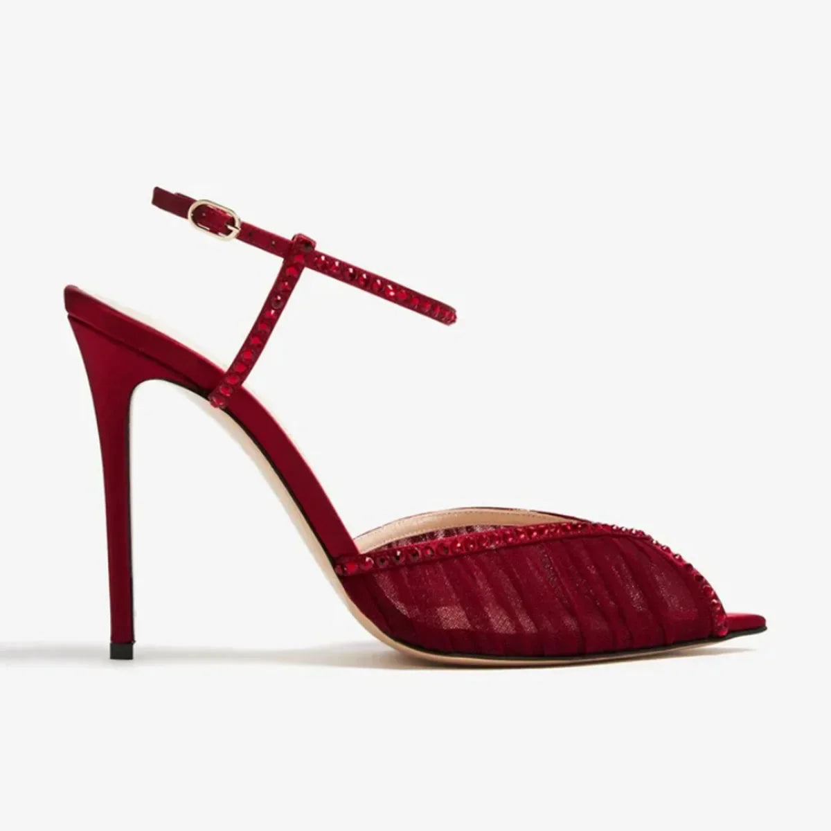 Arden Furtado Burgundy Mesh Pleated Crystal Peep toe Banquet shoes Pointed toe Super high heel One word buckle Sandals
