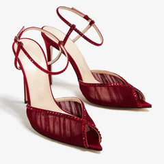 Arden Furtado Burgundy Mesh Pleated Crystal Peep toe Banquet shoes Pointed toe Super high heel One word buckle Sandals