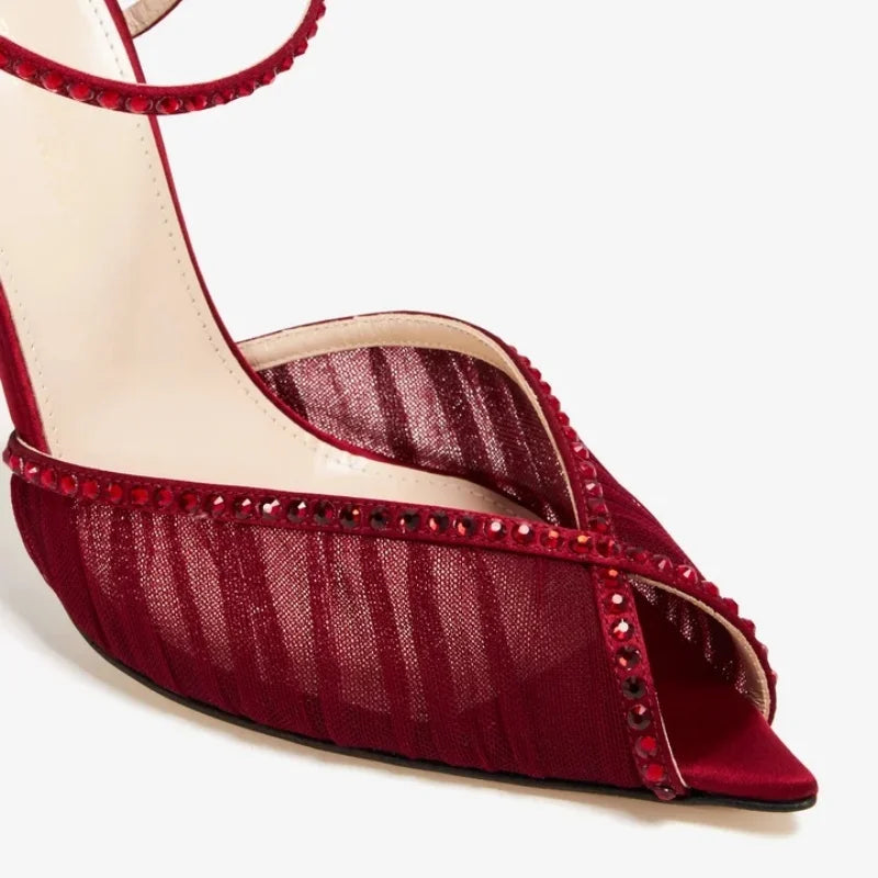 Arden Furtado Burgundy Mesh Pleated Crystal Peep toe Banquet shoes Pointed toe Super high heel One word buckle Sandals
