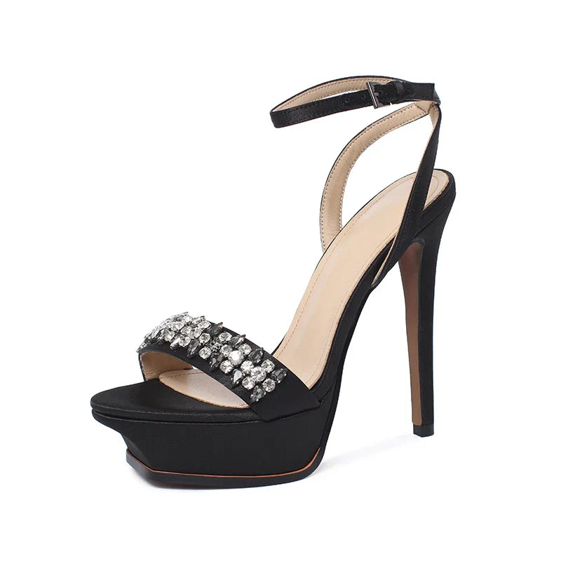 Arden Furtado Champagne Silk Platform Crystal Banquet Shoes Round Toe Super High Heel Sexy Word-Cingulate Sandals
