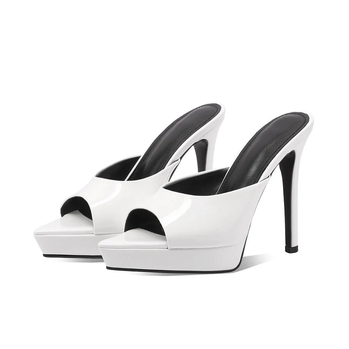 Arden Furtado Cow patent leather Peep toe Slippers Pointed toe Platform Super high heel Word slippers Modern Mules