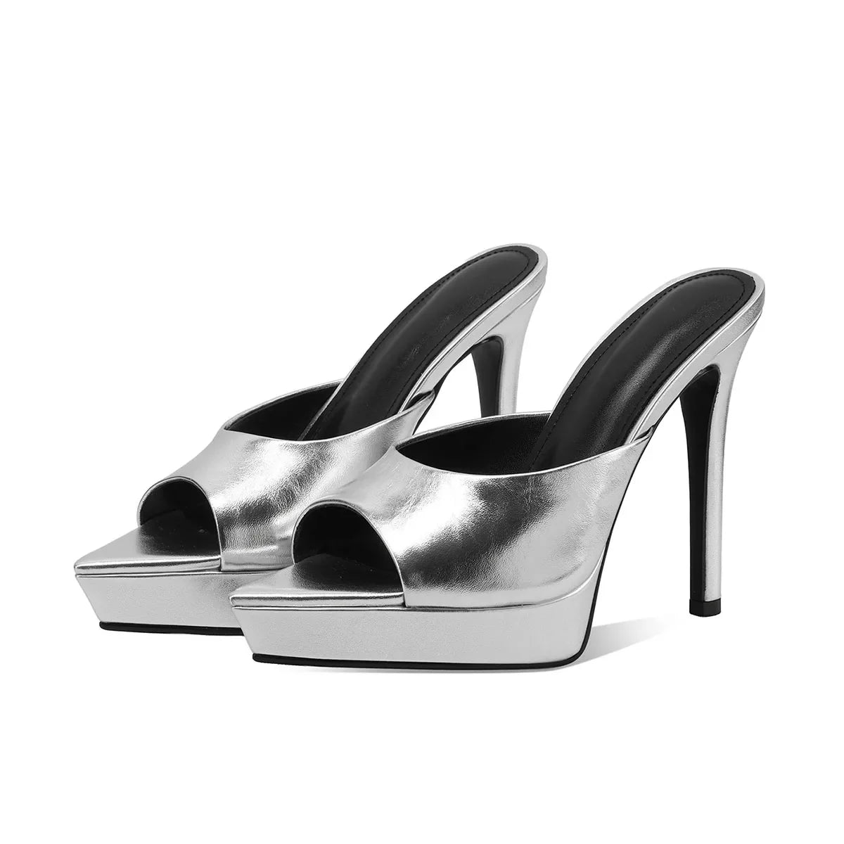 Arden Furtado Cow patent leather Peep toe Slippers Pointed toe Platform Super high heel Word slippers Modern Mules