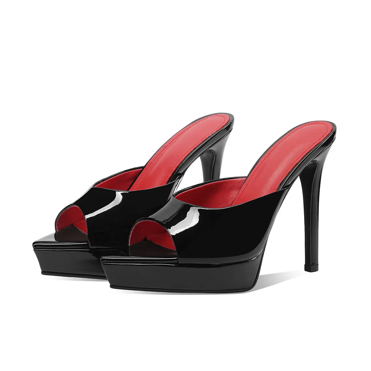 Arden Furtado Cow patent leather Peep toe Slippers Pointed toe Platform Super high heel Word slippers Modern Mules