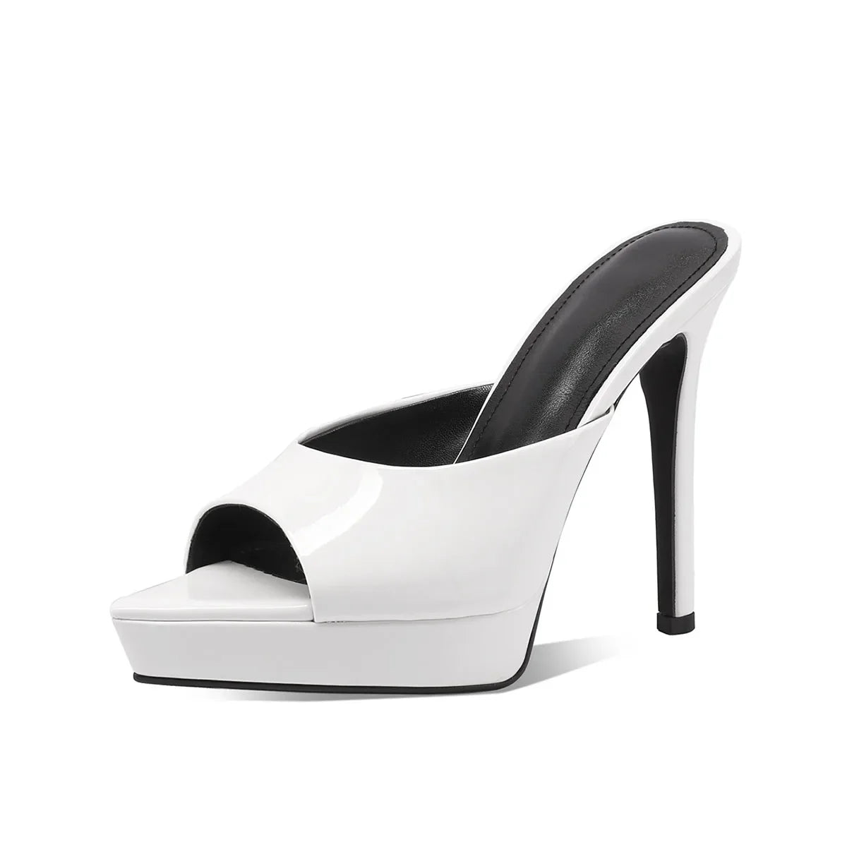 Arden Furtado Cow patent leather Peep toe Slippers Pointed toe Platform Super high heel Word slippers Modern Mules