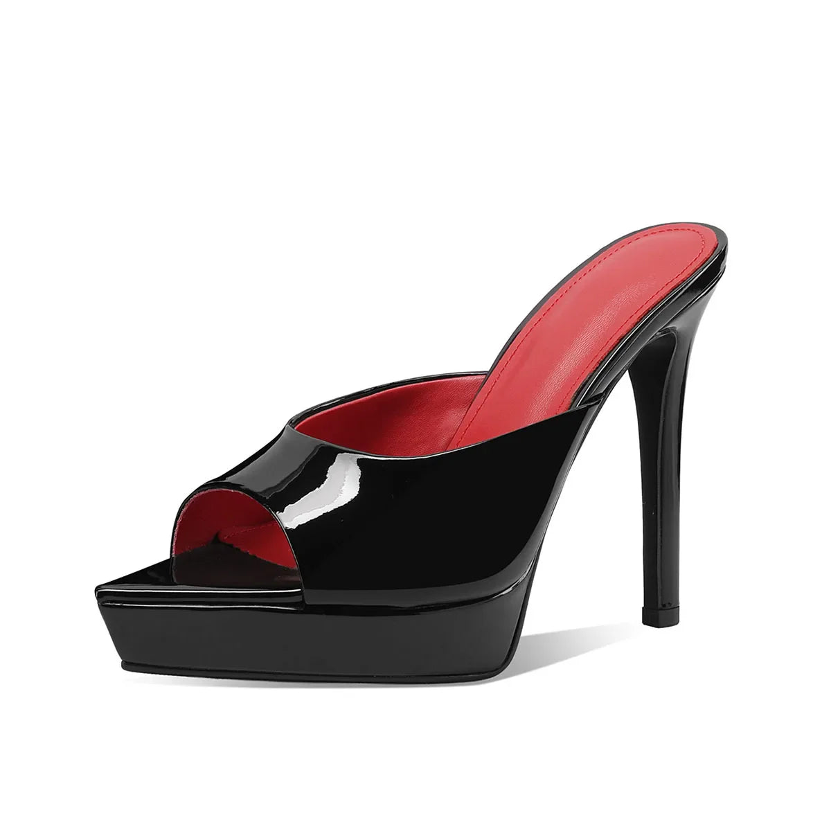 Arden Furtado Cow patent leather Peep toe Slippers Pointed toe Platform Super high heel Word slippers Modern Mules