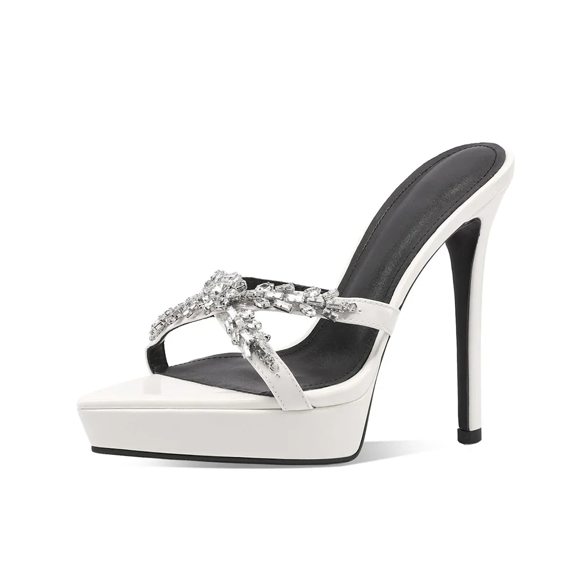 Arden Furtado Cow patent leather Platform Slippers Pointed Super high heel large size Dinner Mules Crystal Word slippers