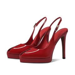 Arden Furtado Cow patent leather peep toe Sandals Platform Super high heel Belt buckle One word buckle Sandals large size