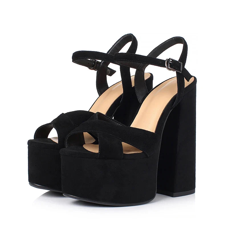 Arden Furtado Embossed cowhide platform Commuter shoes round toe Super high heel word-cingulate sandals large size