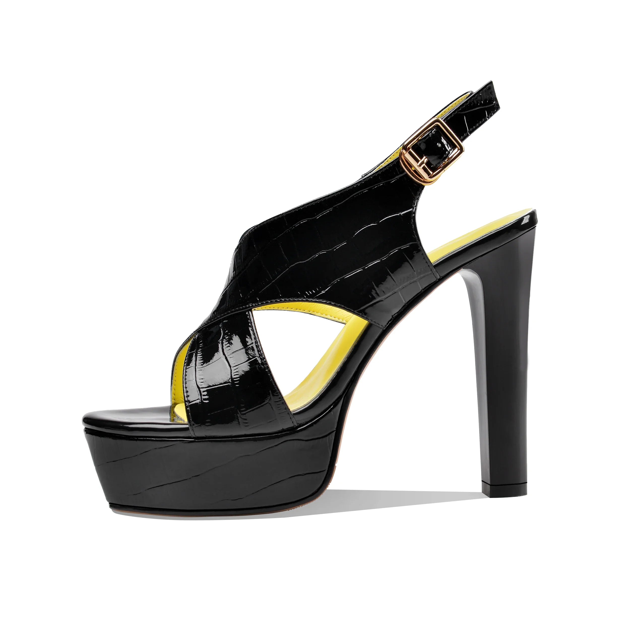 Arden Furtado Embossed microfiber platform Sandals round toe Super high heel One word buckle sandals Banquet shoes