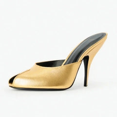 Arden Furtado Gold Peep toe Slippers Round toe pull-on Stilettos heels Sexy Word slippers Banquet shoes Extra large size