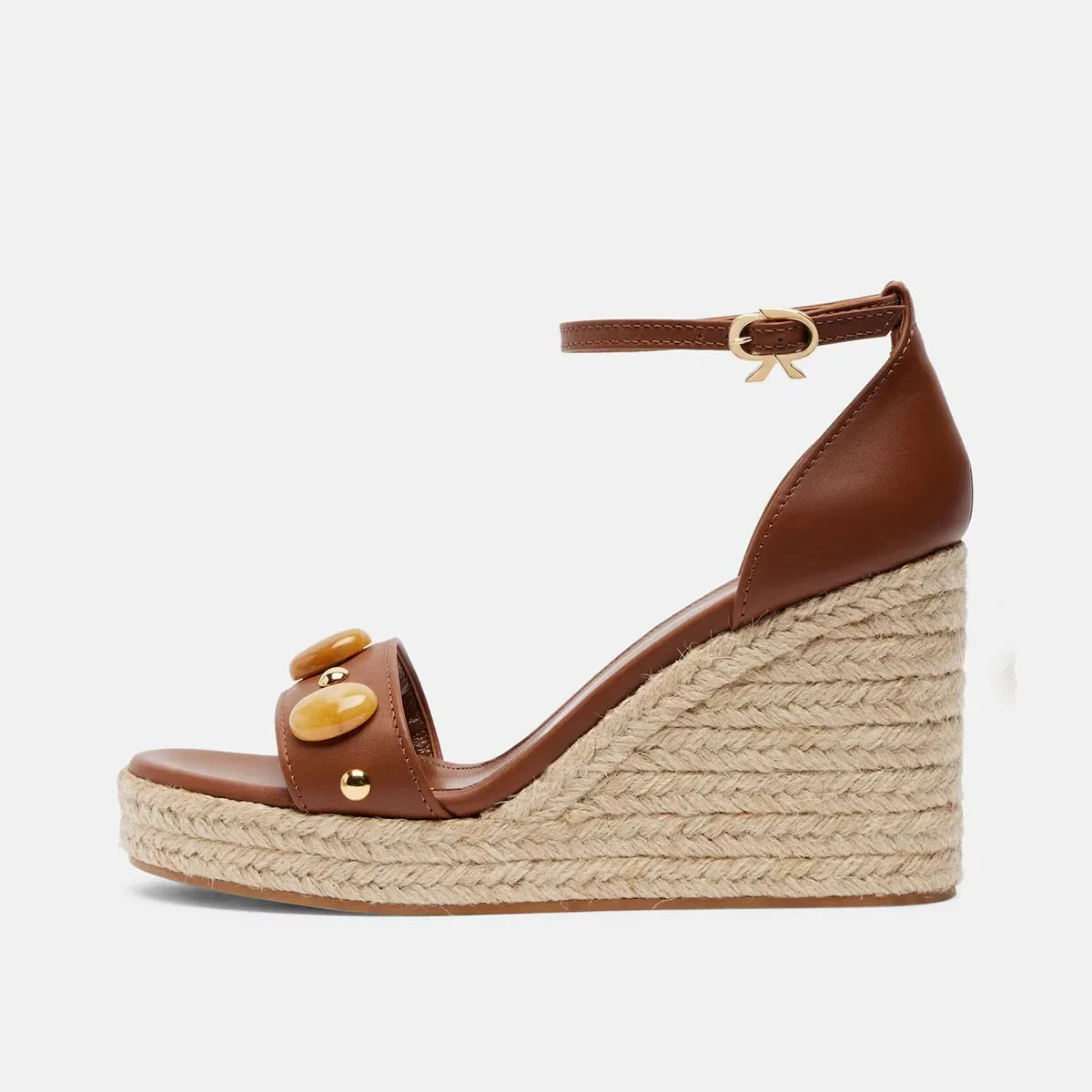 Arden Furtado Style Brown Cowhide Rivet Wedges Sandals Round Toe Open Toe Super High Heel One Word Buckle Sandals