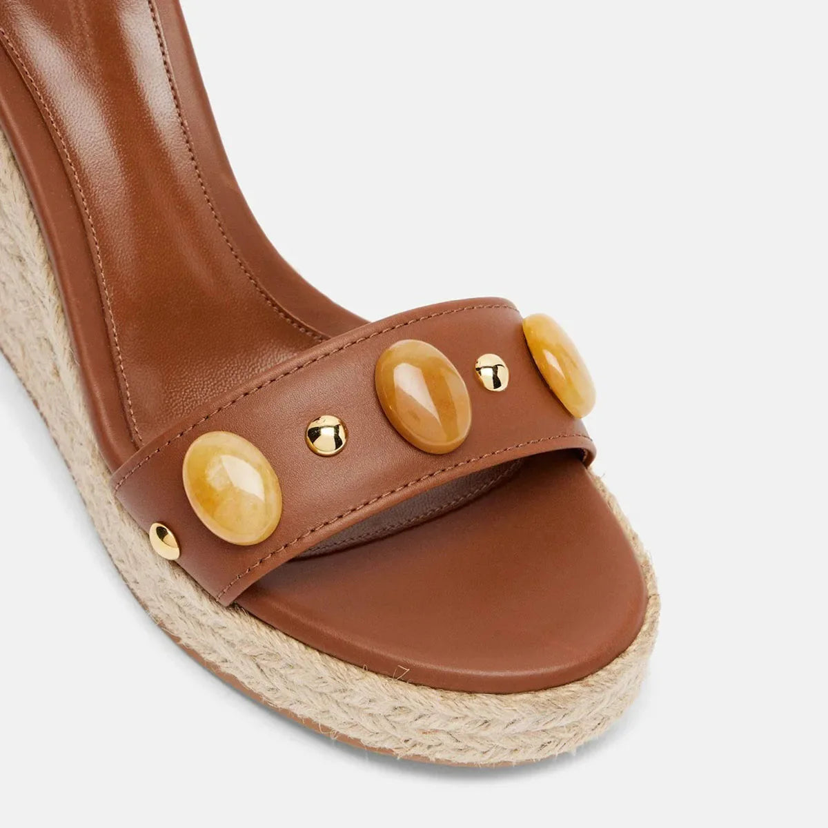 Arden Furtado Style Brown Cowhide Rivet Wedges Sandals Round Toe Open Toe Super High Heel One Word Buckle Sandals