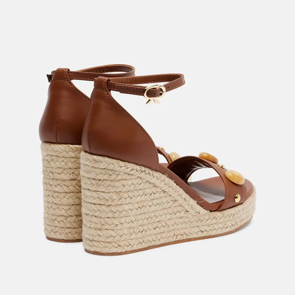 Arden Furtado Style Brown Cowhide Rivet Wedges Sandals Round Toe Open Toe Super High Heel One Word Buckle Sandals
