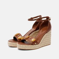 Arden Furtado Style Brown Cowhide Rivet Wedges Sandals Round Toe Open Toe Super High Heel One Word Buckle Sandals