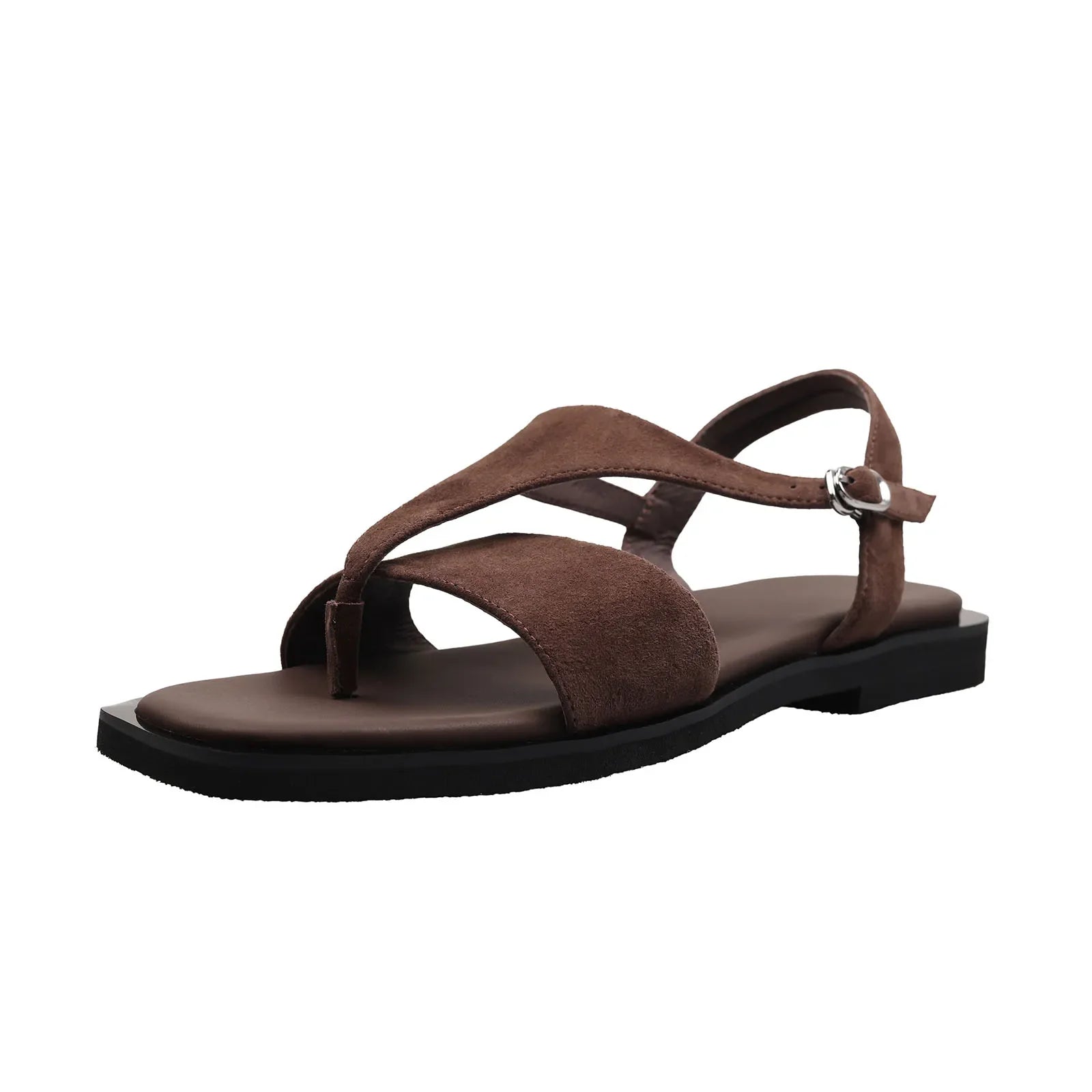 Arden Furtado style Sheep suede Pinch toe Sandals Square toe Flat T belt Buckle strap Open toe Roman sandals
