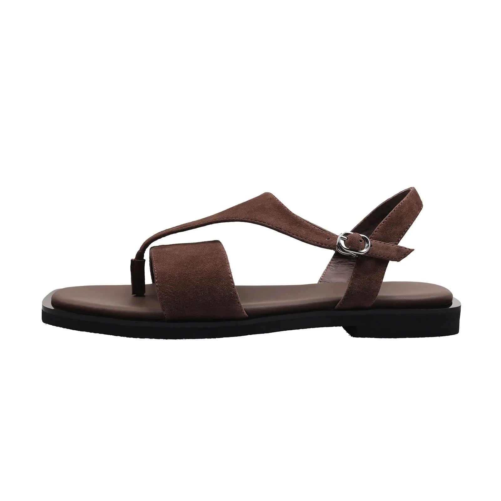 Arden Furtado style Sheep suede Pinch toe Sandals Square toe Flat T belt Buckle strap Open toe Roman sandals