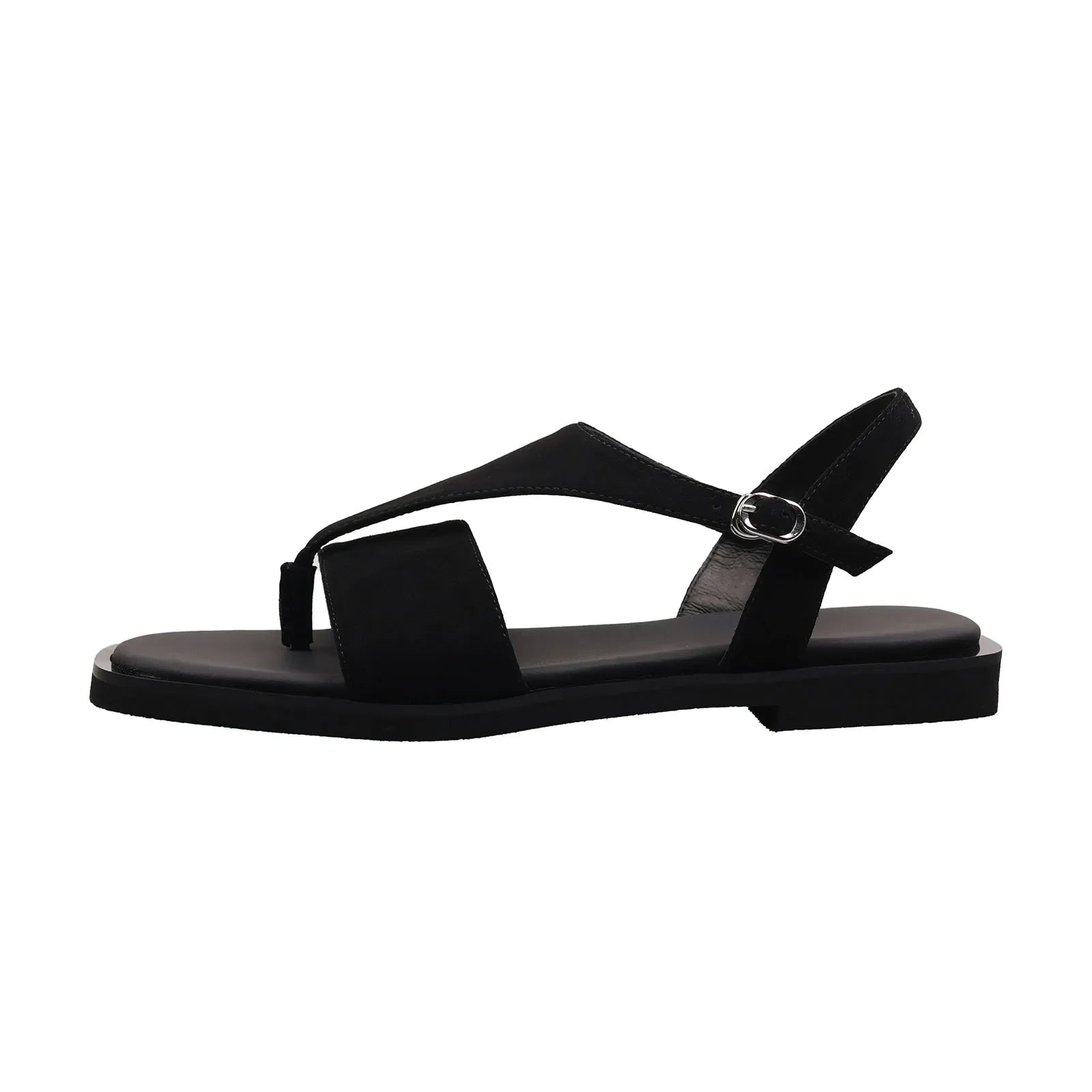 Arden Furtado style Sheep suede Pinch toe Sandals Square toe Flat T belt Buckle strap Open toe Roman sandals