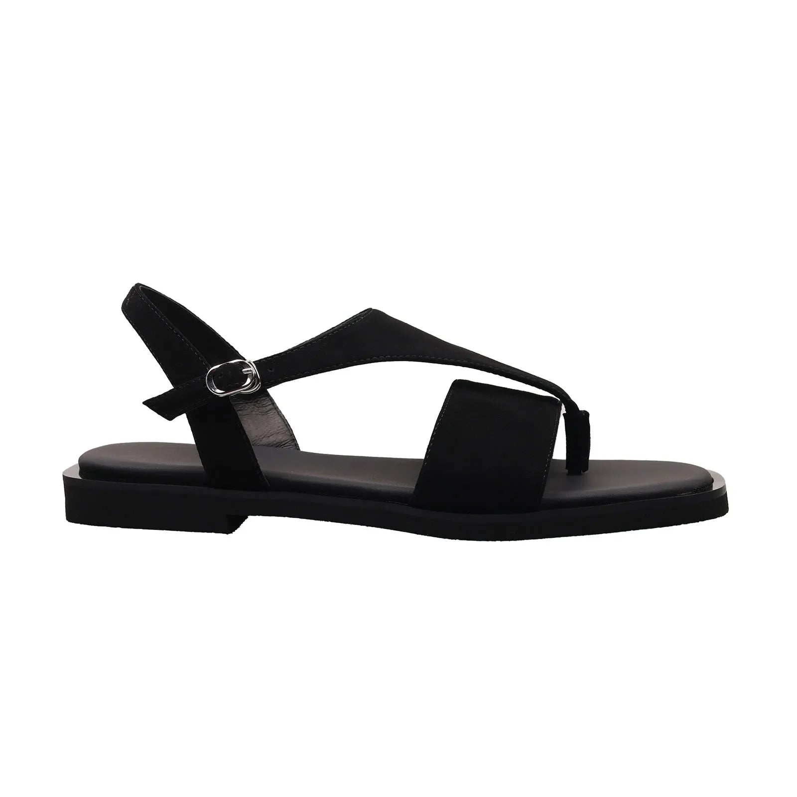Arden Furtado style Sheep suede Pinch toe Sandals Square toe Flat T belt Buckle strap Open toe Roman sandals