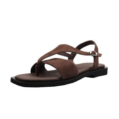 Arden Furtado style Sheep suede Pinch toe Sandals Square toe Flat T belt Buckle strap Open toe Roman sandals