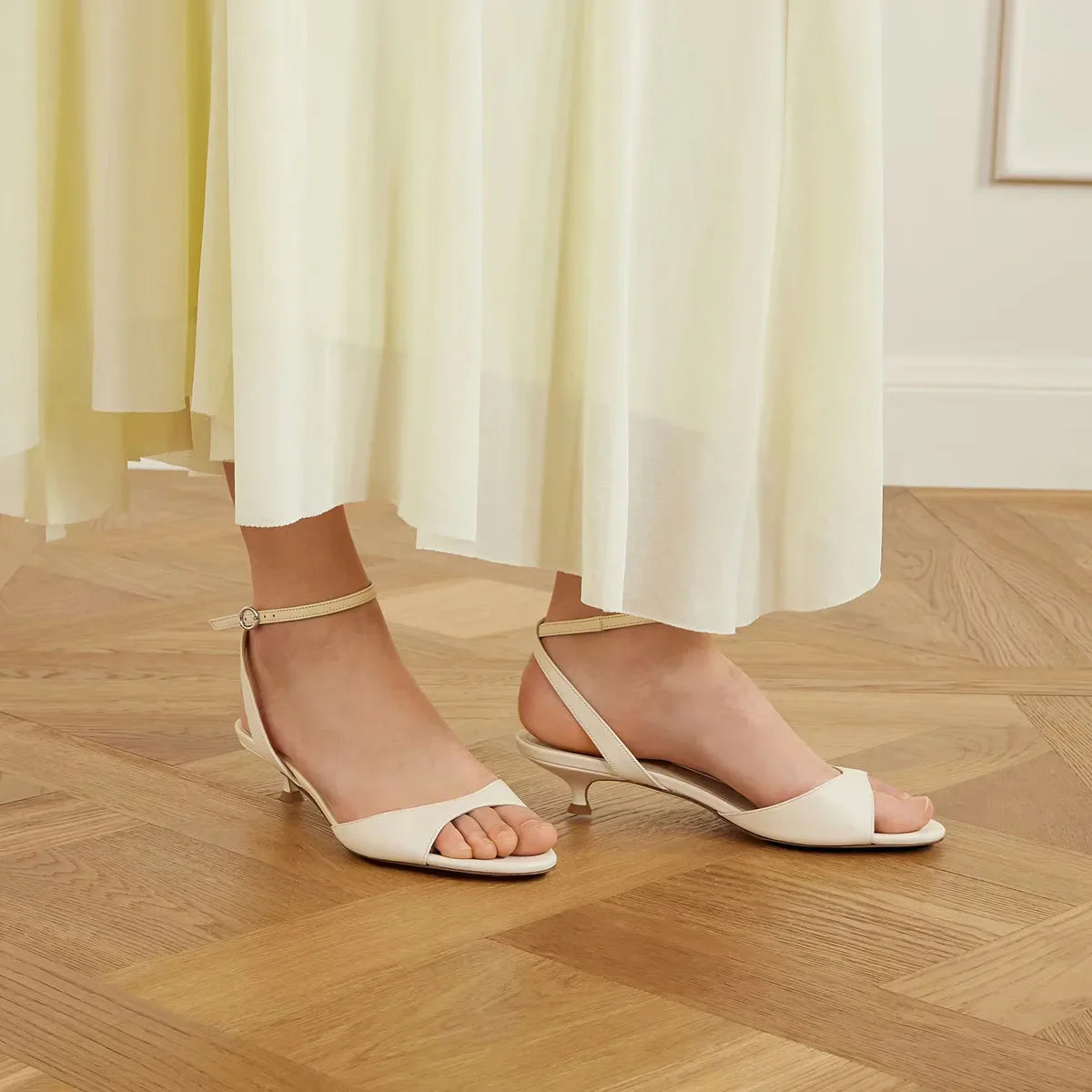 Arden Furtado Kitten heel off-white cowhide Open toe Sandals round toe One word buckle Thin heels Commuter Modern Sandals