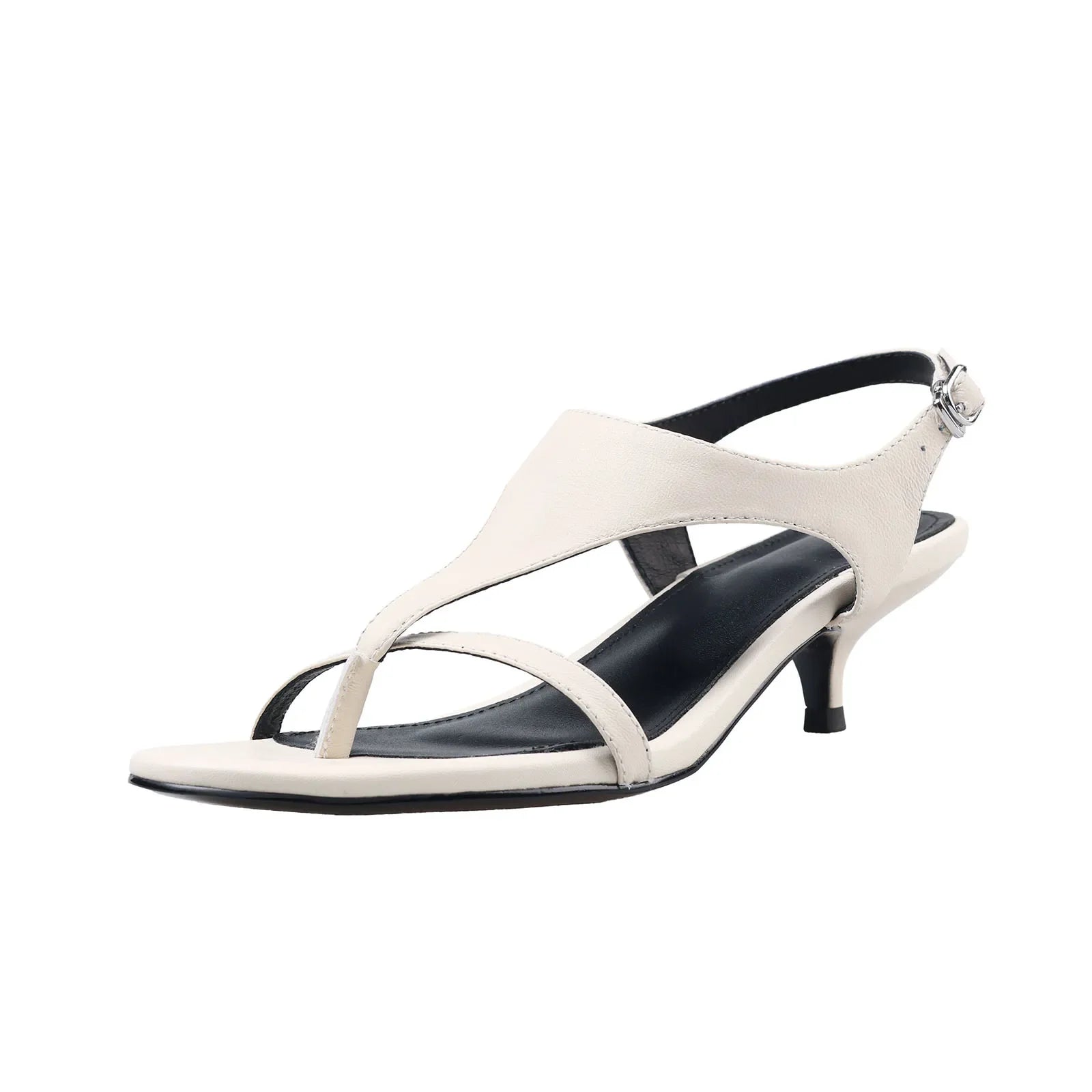 Arden Furtado Kitten heel sheepskin Pinch toe Sandals round toe Middle heel T belt sandals Large size Commuter shoes