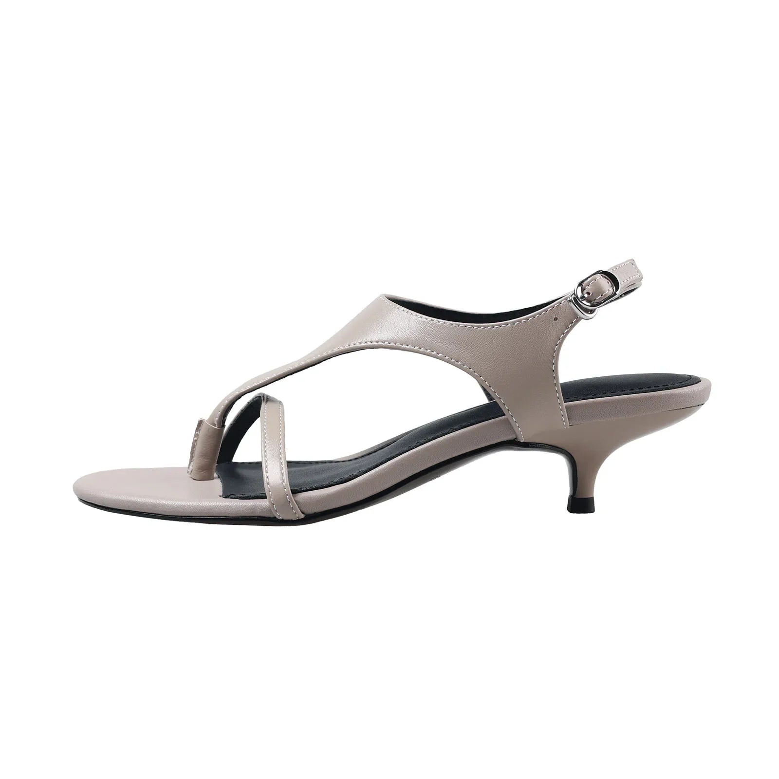 Arden Furtado Kitten heel sheepskin Pinch toe Sandals round toe Middle heel T belt sandals Large size Commuter shoes