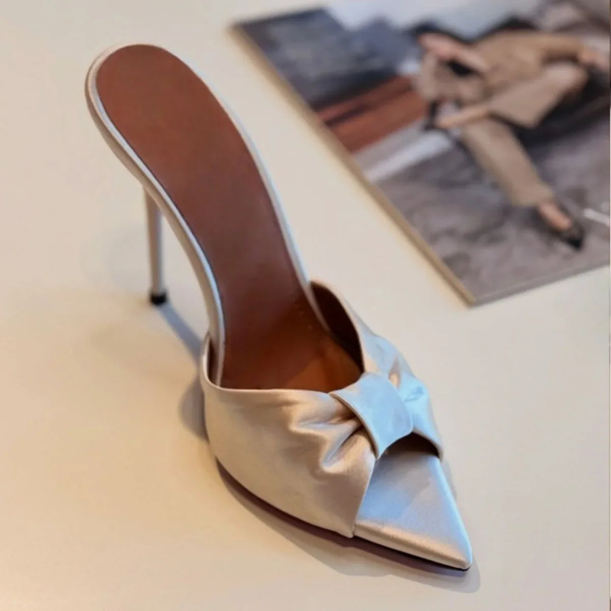 Arden Furtado Leopard satin Peep toe Slippers Pointed toe pull-on Super high heel Sexy Word slippers Bowknot Mules