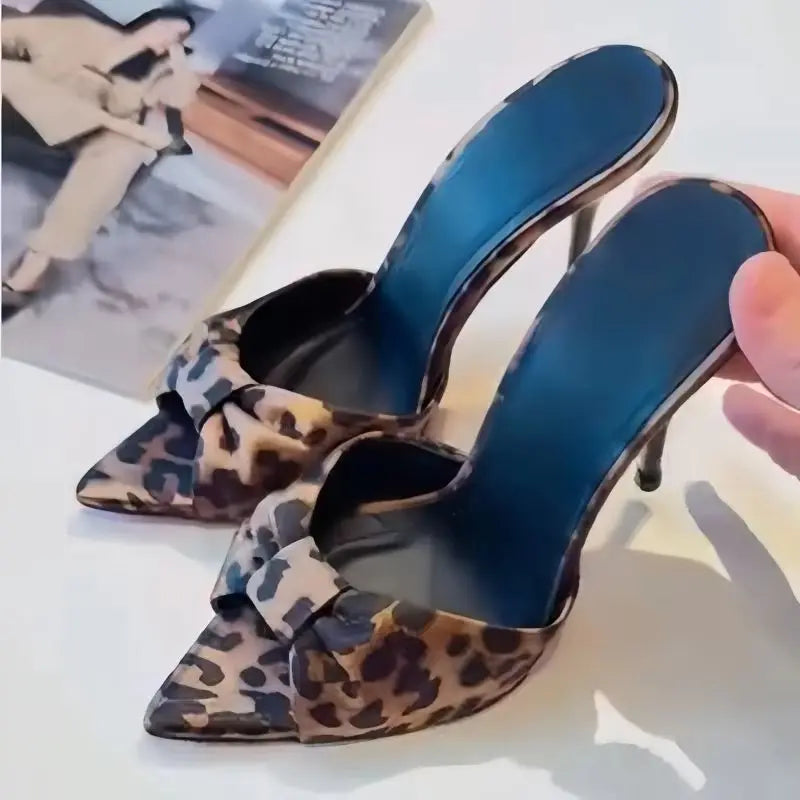 Arden Furtado Leopard satin Peep toe Slippers Pointed toe pull-on Super high heel Sexy Word slippers Bowknot Mules