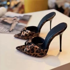 Arden Furtado Leopard satin Peep toe Slippers Pointed toe pull-on Super high heel Sexy Word slippers Bowknot Mules