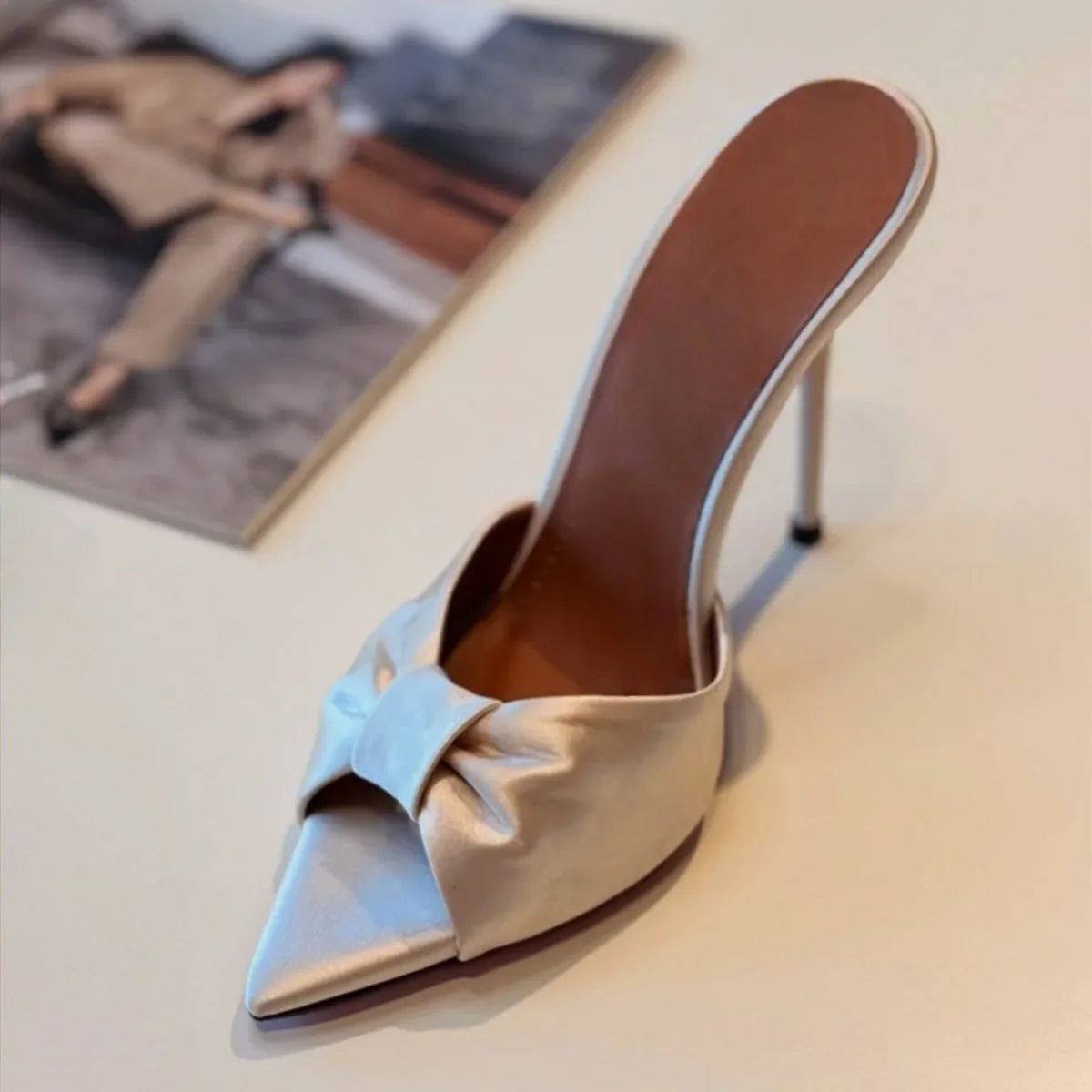 Arden Furtado Leopard satin Peep toe Slippers Pointed toe pull-on Super high heel Sexy Word slippers Bowknot Mules