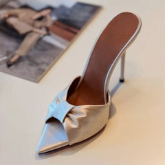 Arden Furtado Leopard satin Peep toe Slippers Pointed toe pull-on Super high heel Sexy Word slippers Bowknot Mules