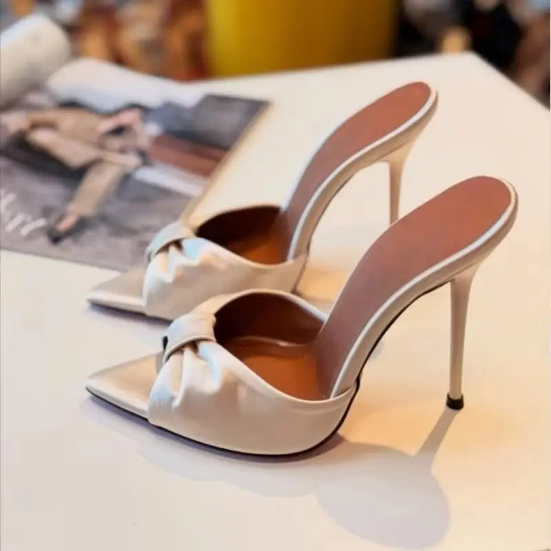 Arden Furtado Leopard satin Peep toe Slippers Pointed toe pull-on Super high heel Sexy Word slippers Bowknot Mules