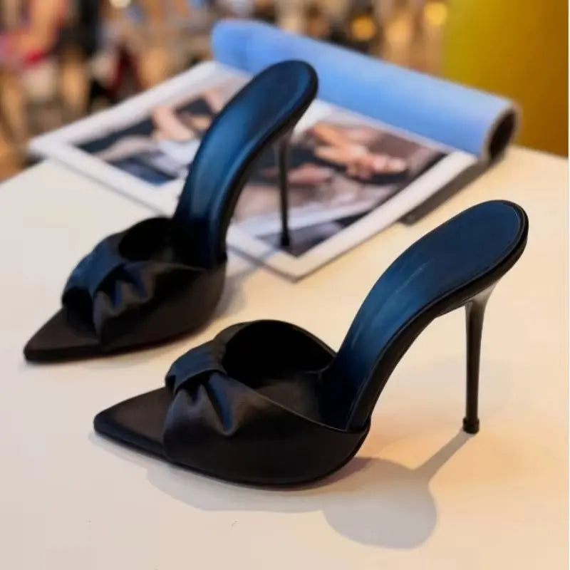 Arden Furtado Leopard satin Peep toe Slippers Pointed toe pull-on Super high heel Sexy Word slippers Bowknot Mules