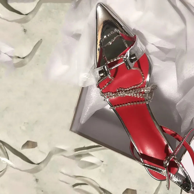 Arden Furtado Metal leather Diamond chain Cross-tied Thin heels Pointed toe Metal buckle Super high heel Open toe sandals
