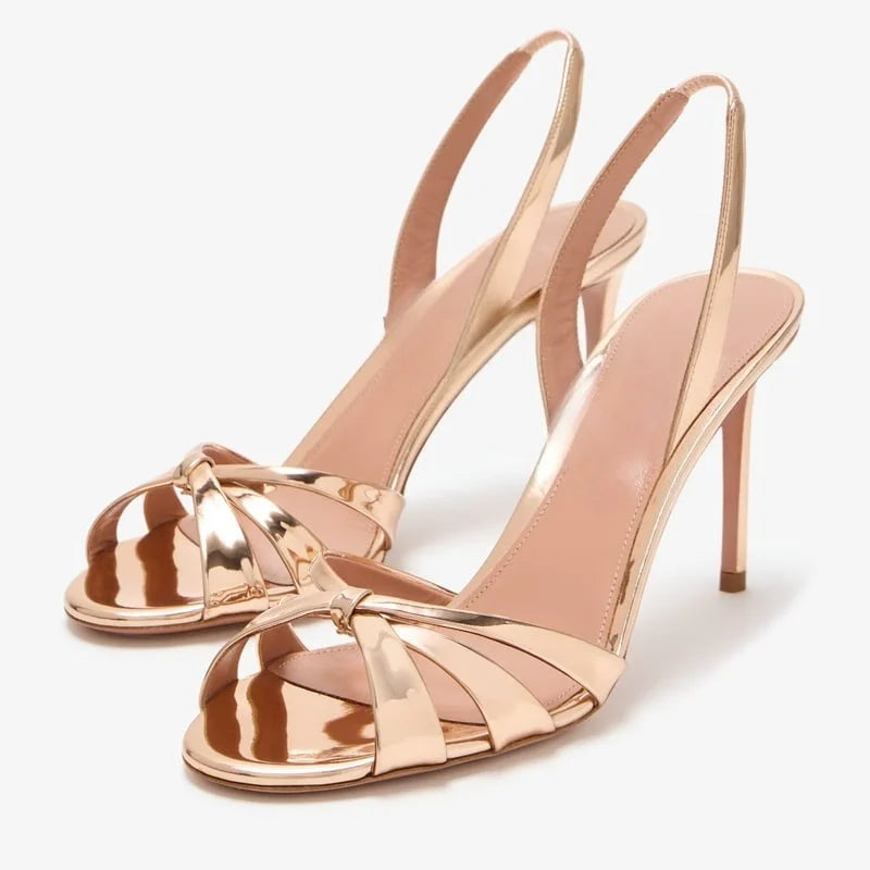 Arden Furtado Metal leather bowknot Banquet Shoes Round Toe Back Strap Sexy Super high heel Open toe Sandals Large size