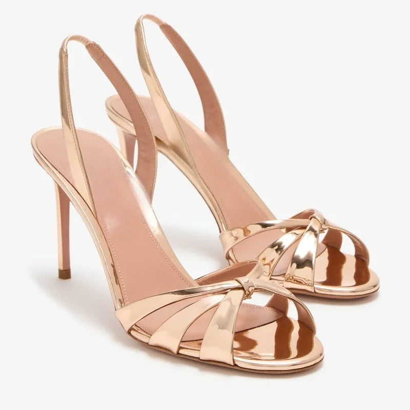 Arden Furtado Metal leather bowknot Banquet Shoes Round Toe Back Strap Sexy Super high heel Open toe Sandals Large size