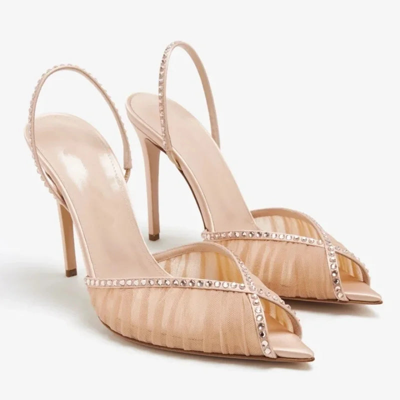 Arden Furtado Nude Mesh Pleated Banquet Shoes Pointed to Stilettos heels Back Strap Crystal Sexy Peep toe Sandals