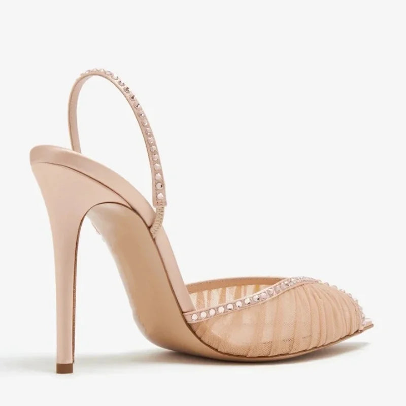 Arden Furtado Nude Mesh Pleated Banquet Shoes Pointed to Stilettos heels Back Strap Crystal Sexy Peep toe Sandals