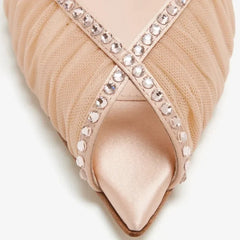 Arden Furtado Nude Mesh Pleated Banquet Shoes Pointed to Stilettos heels Back Strap Crystal Sexy Peep toe Sandals