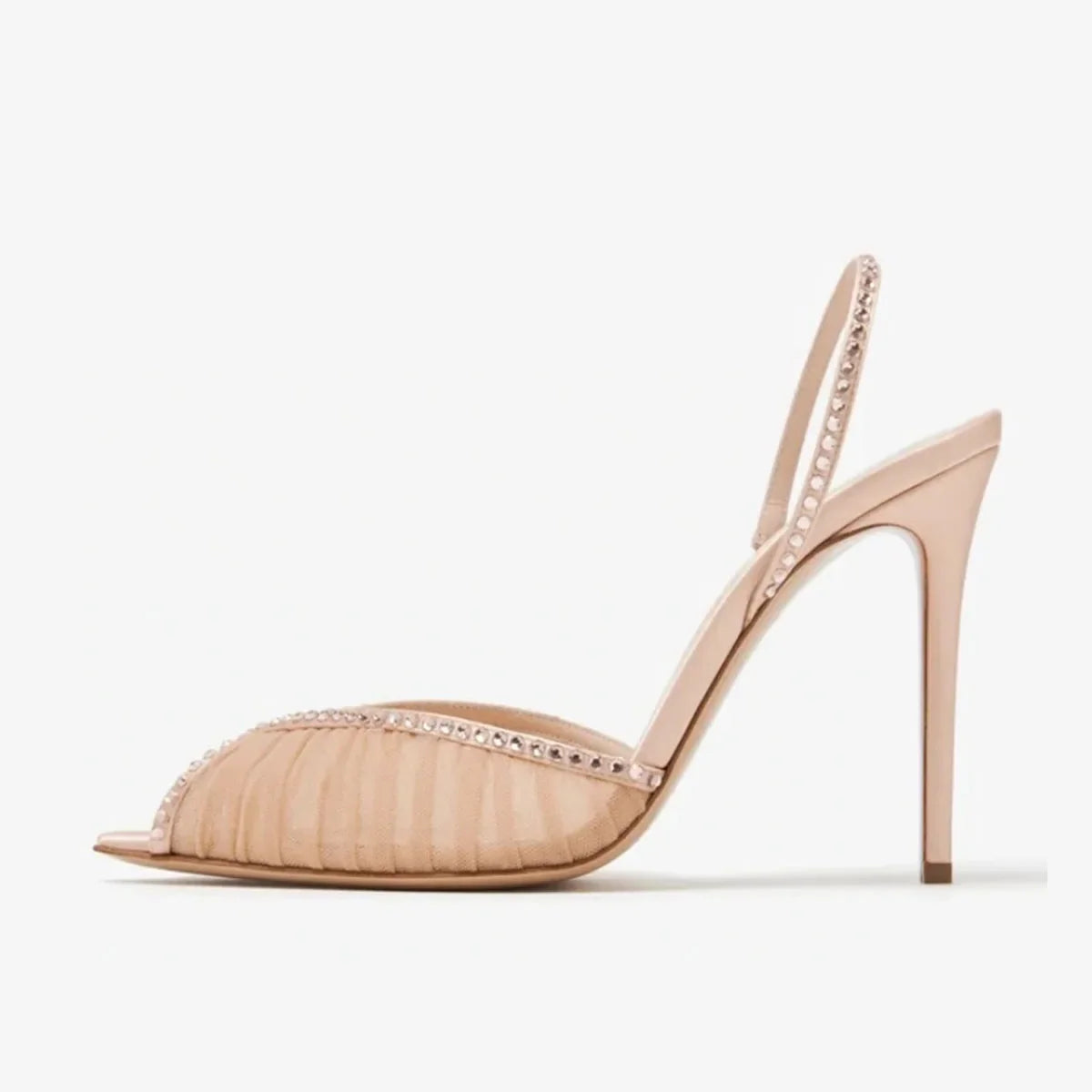 Arden Furtado Nude Mesh Pleated Banquet Shoes Pointed to Stilettos heels Back Strap Crystal Sexy Peep toe Sandals