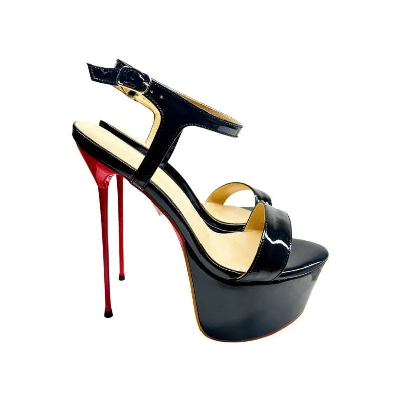 Arden Furtado Patent Leather Platform Banquet shoes round toe Super high heel One word buckle sandals Large size