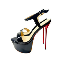Arden Furtado Patent Leather Platform Banquet shoes round toe Super high heel One word buckle sandals Large size