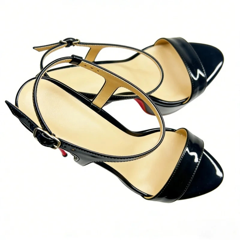 Arden Furtado Patent Leather Platform Banquet shoes round toe Super high heel One word buckle sandals Large size