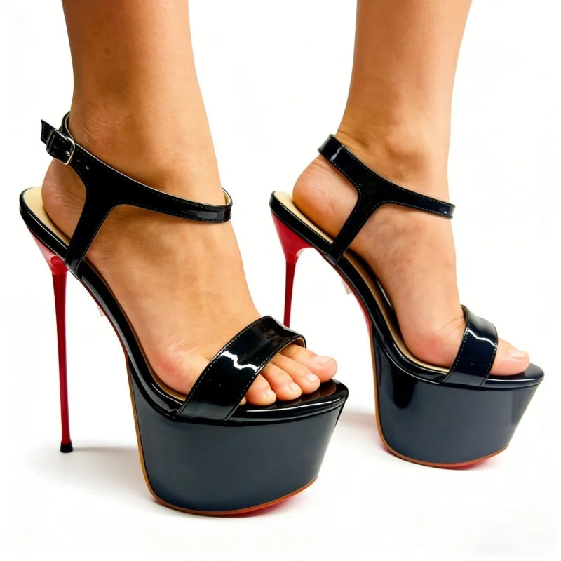 Arden Furtado Patent Leather Platform Banquet shoes round toe Super high heel One word buckle sandals Large size