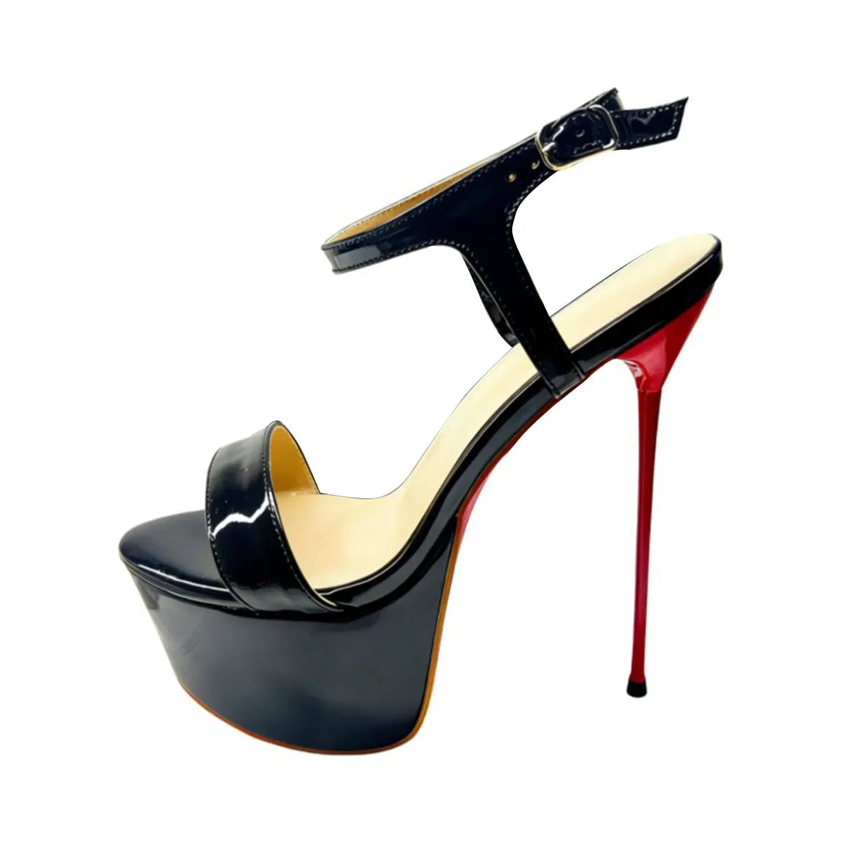 Arden Furtado Patent Leather Platform Banquet shoes round toe Super high heel One word buckle sandals Large size