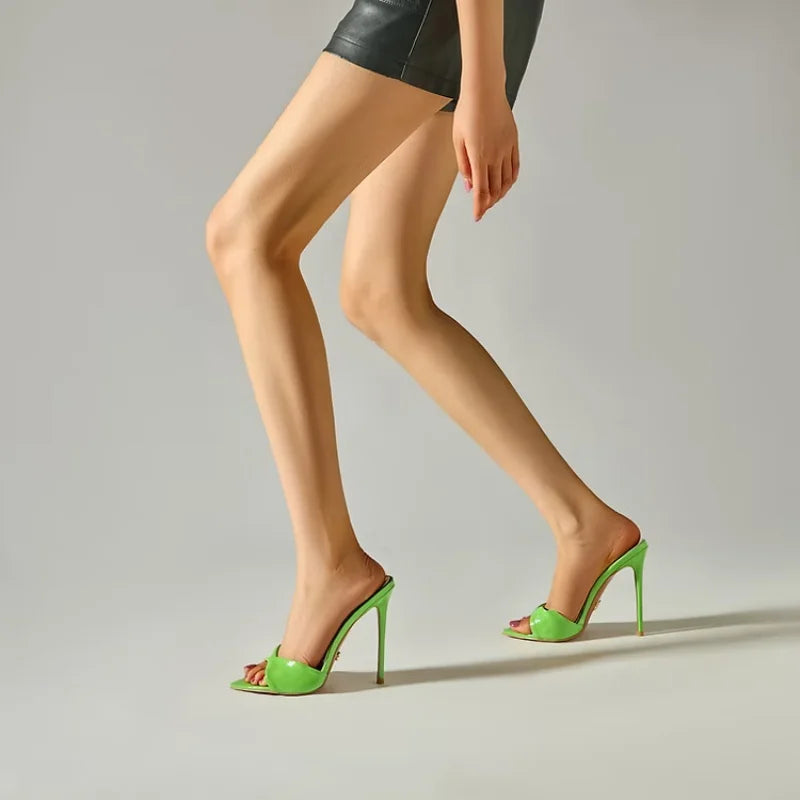 Arden Furtado Patent Leather Pointed Slip-on Thin heel Super high heel Sexy Word slippers wear Open toe Mules