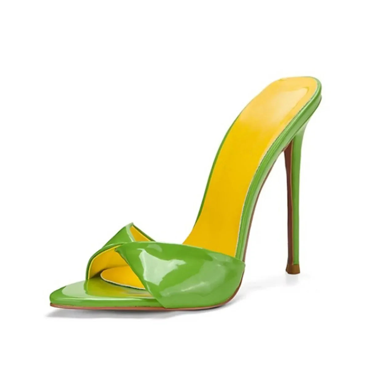 Arden Furtado Patent Leather Pointed Slip-on Thin heel Super high heel Sexy Word slippers wear Open toe Mules