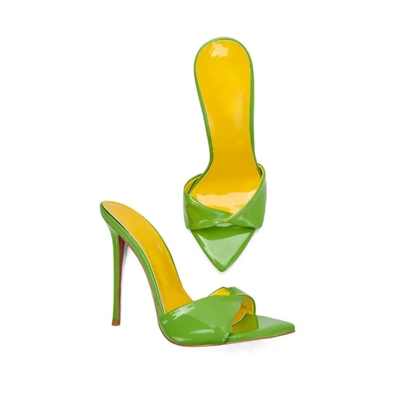Arden Furtado Patent Leather Pointed Slip-on Thin heel Super high heel Sexy Word slippers wear Open toe Mules
