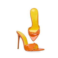 Arden Furtado Patent Leather Pointed Slip-on Thin heel Super high heel Sexy Word slippers wear Open toe Mules