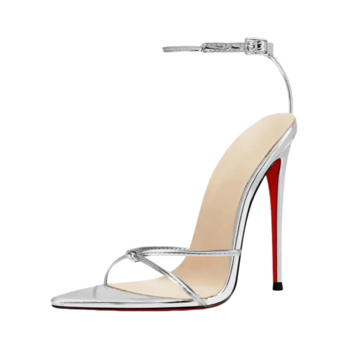 Arden Furtado Patent Leather Pointed toe Belt buckle Super high heel Diamond chain Open toe One word buckle sandals